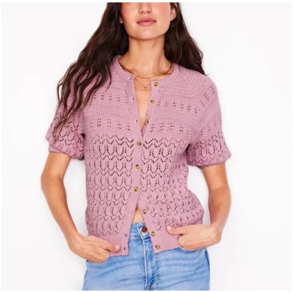 Boden Elodie Cotton Stitch Cardigan K1098 Pink Medium Short Sleeve Pointelle